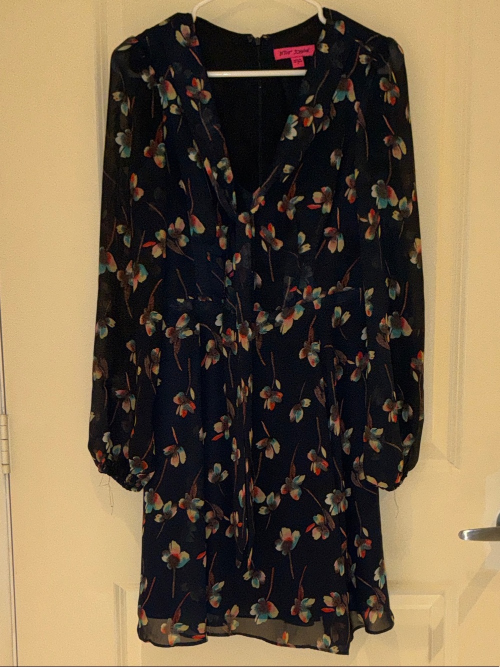 Betsey Johnson Navy Floral V-Neck Long Sleeve Chiffon Dress
